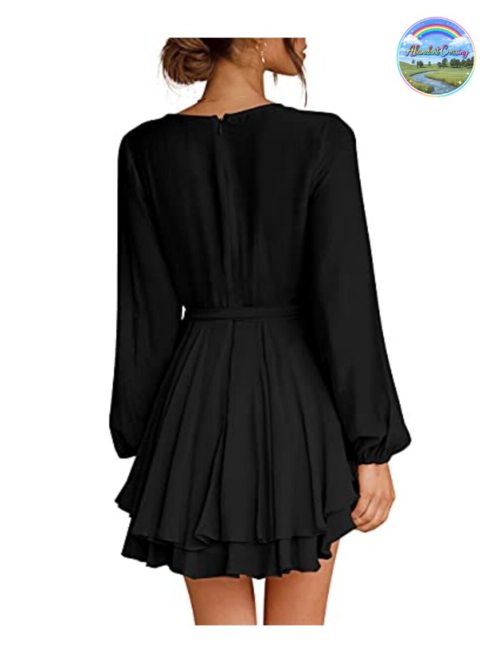 Women's Deep V-Neck Long Sleeve Tie Waist Ruffle Mini Swing Skater Dress